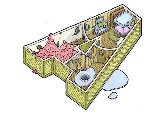 Artwork showing an A shaped house with different rooms.