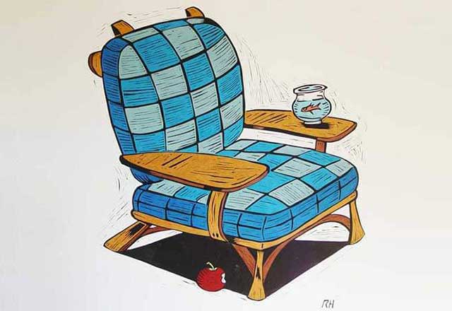 Artwork showing a blue checkered chair with a goldfish in the bowl on the chair arm.