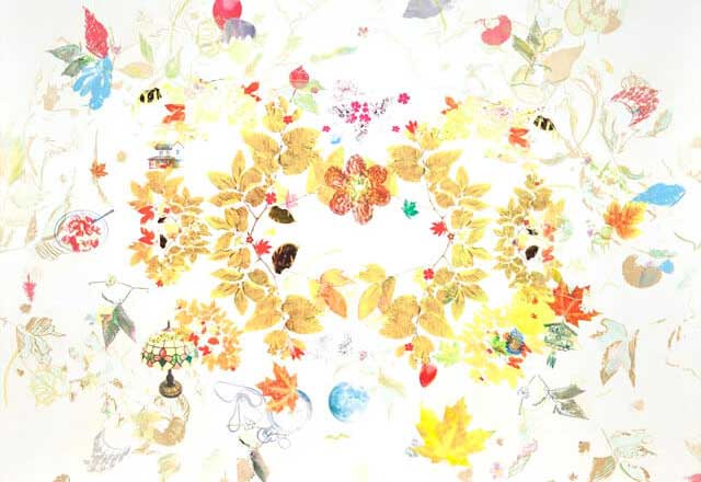 Artwork showing flowers furniture circling the center of the peice.