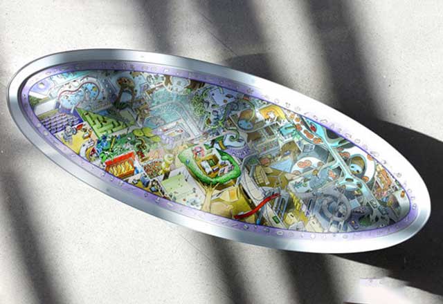Table artwork with illustration of a top down view of a city.