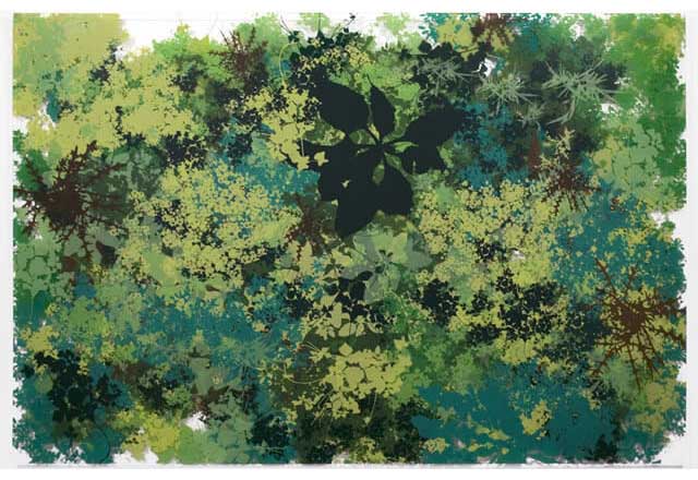 Painting of green foliage and leave patterns.