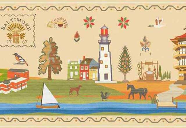 Detail of Sampler showing animals in a park with Baltimore attractions surrounding.
