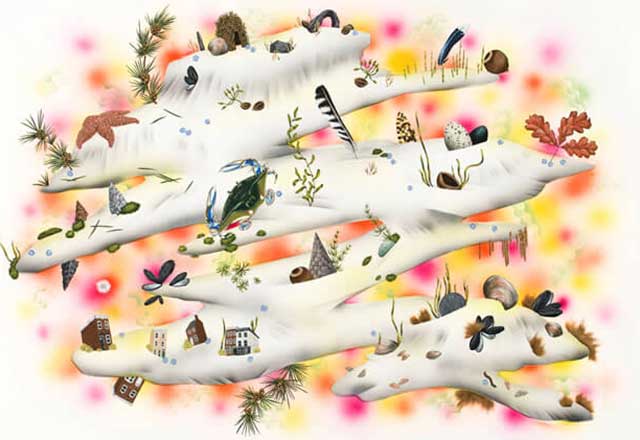Artwork displaying a white garden with multicolored foliage.