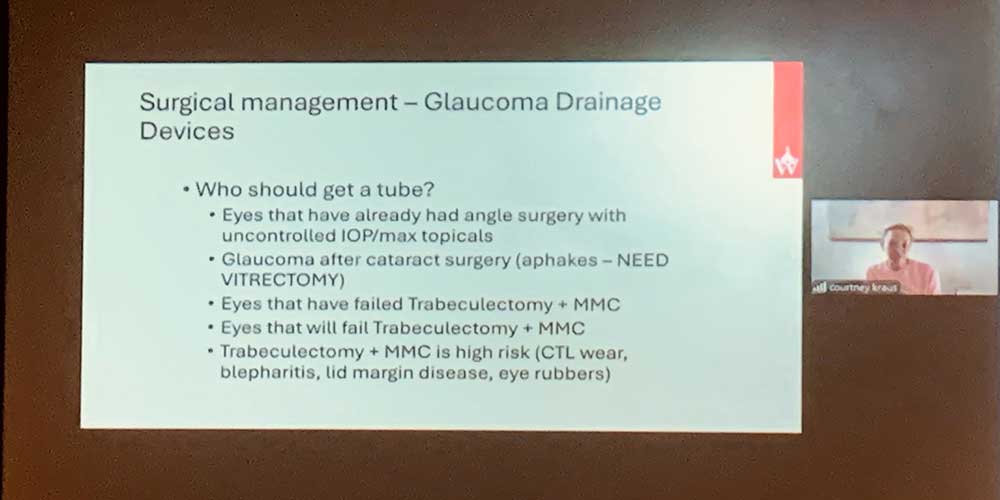 Courtney Kraus presenting a slide titled surgical management glaucoma drainage devices
