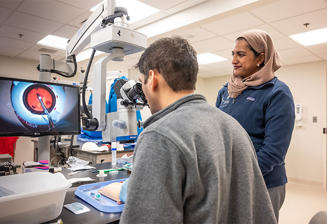 Shameema Sikder, right, oversees surgical training at the Center of Excellence<br/> for Ophthalmic Surgical Education and Training.