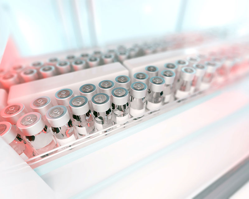 Medication vials on a production line.