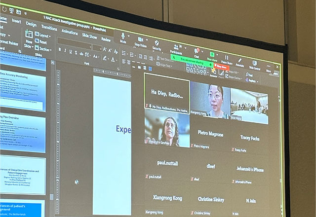 Alex Garafalo, MEng. Clinical Research Coordinator at University of Pennsylvania, US, and Ha Diep, Clinical Research Coordinator at Radboud University Medical Center, Netherlands sharing experiences on patient engagement via Zoom.