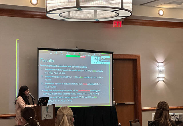 Zainab Rustam presenting on the subject "Repeatability of Best Corrected Visual Acuity (BCVA) and Ellipsoid Zone (EZ) Width In Eyes With Retinitis Pigmentosa (RP)​."