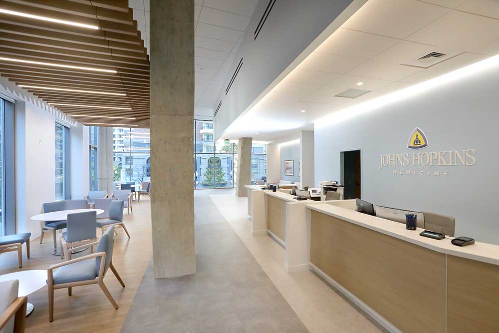 Sleek lobby of the Johns Hopkins Arlington practice filled with natural light.