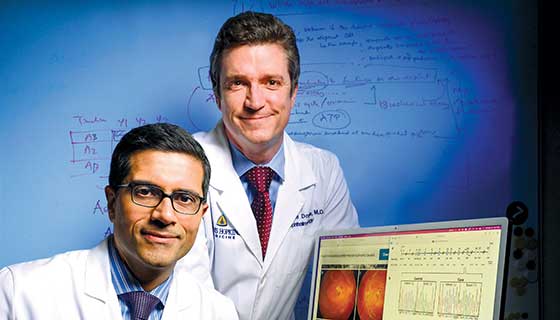 Doctors Doyle and Singh sitting around a computer monitor with research graphics