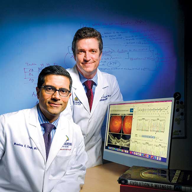 Doctors Doyle and Singh sitting around a computer monitor with research graphics