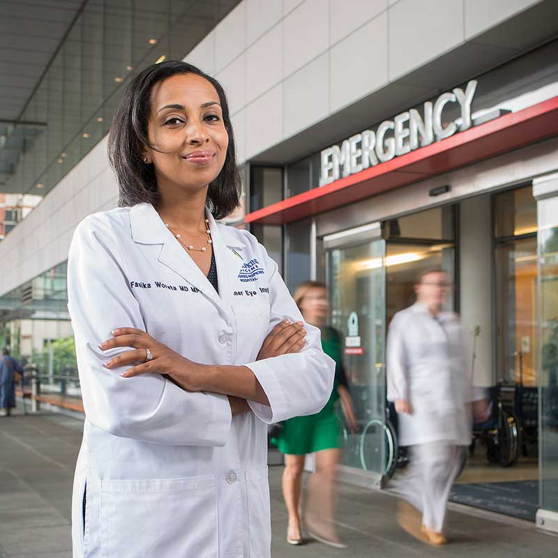 Dr Woreta standing outside the emergency room entrance