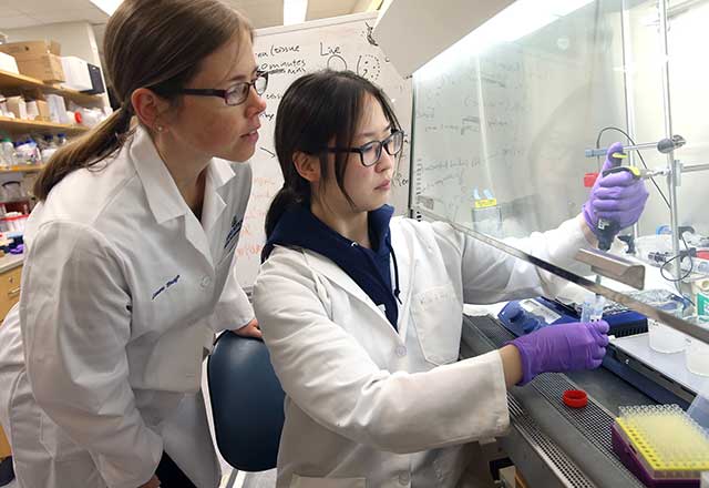 Two researchers in white coats. One operates a pipette behind a lab hood