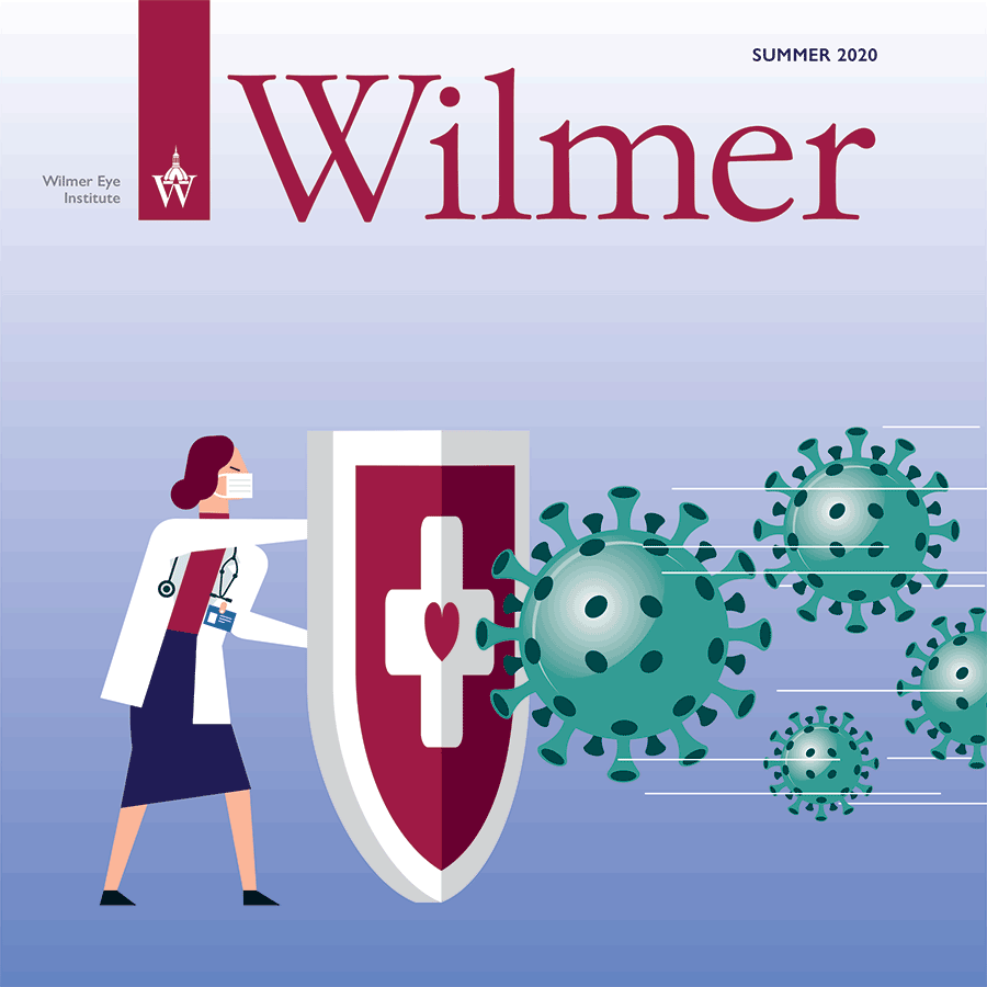 Summer 2020 cover showing an illustrated physician shielding herself from virus particles