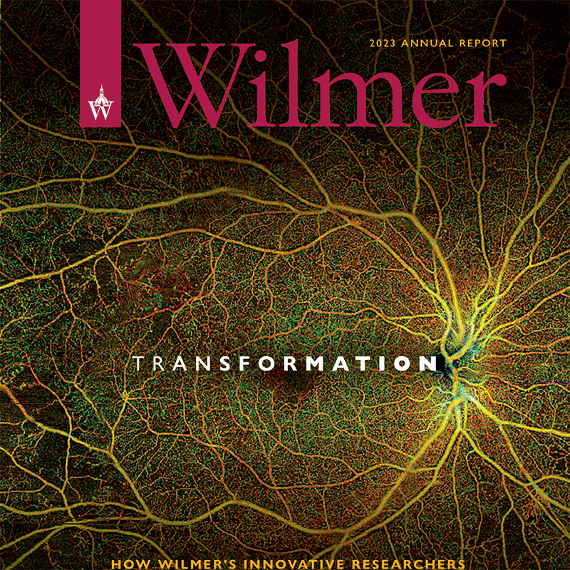 Annual report 2023 cover with a bright retina scan. The headline reads Transformation.