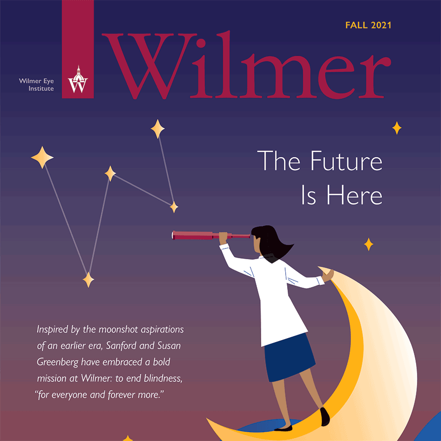 Fall 2021 cover with an illustrated doctor standing on a crescent moon to reach the stars. The headline reads the future is here.