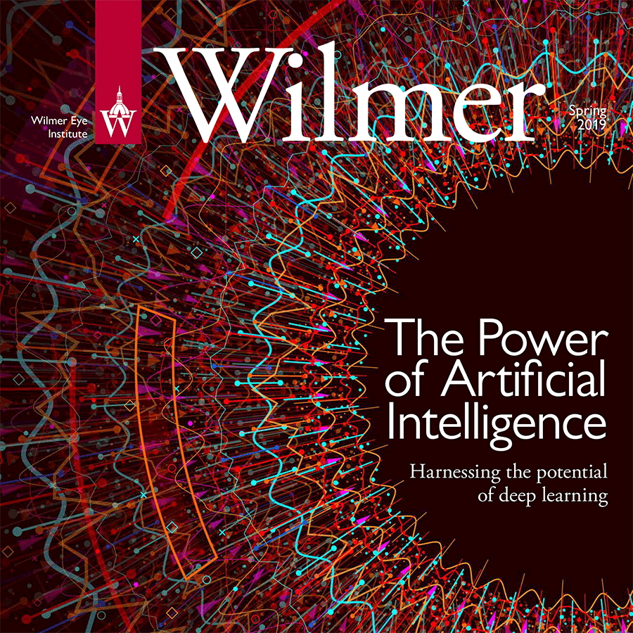 Spring 2019 cover showing conceptual art of an iris and cornea. The headline reads the power of artificial intelligence