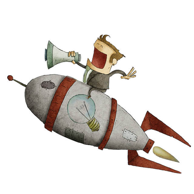 Illustration of man riding rocket with a bullhorn