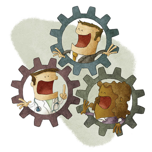 Illustration of people holding gears