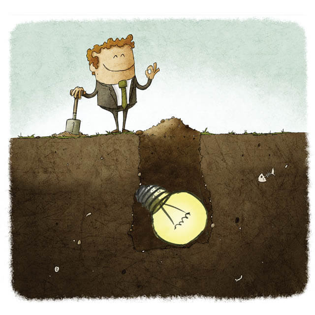 Illustration of man standing next to a hole in ground with a lightbulb in it.