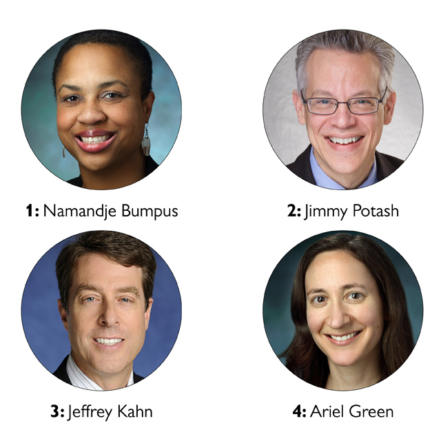 Photo of the first four featured doctors. 1: Namandje Bumpus, 2: Jimmy Potash, 3: Jeffrey Kahn and 4: Ariel Green