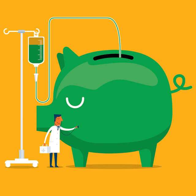 An illustration shows a piggy bank representing blood savings. 