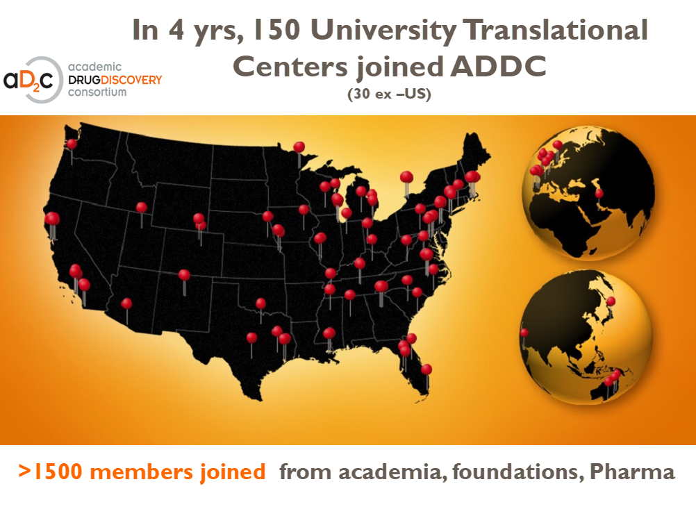 united states map with pins showing academic drug discovery consortium members location