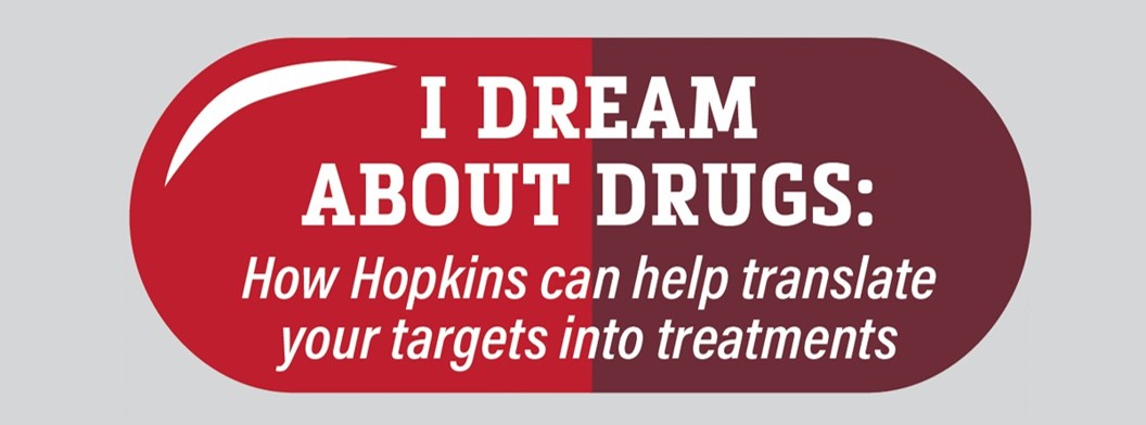 big pill with text I dream about drugs, how hopkins can help translate your targets into treatments