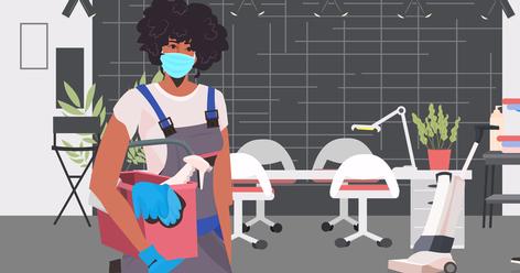 Illustration of environmental care supervisor preparing to clean an area of the hospital.