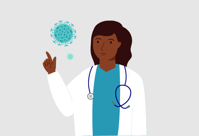 An illustration of a doctor and floating viral molecules.