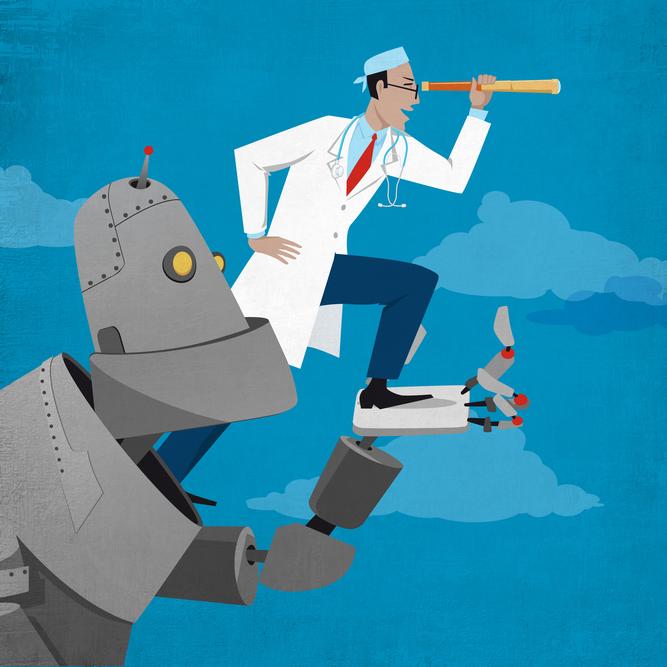 An illustration shows a robot representing artificial intelligence holding up a doctor who is peering through a telescope.