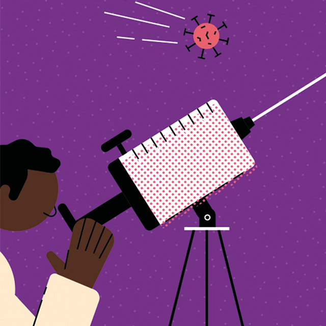 Illustration of researcher looking through a telescope that is in the form of an injection, as a covid-19 cell passes across the sky.