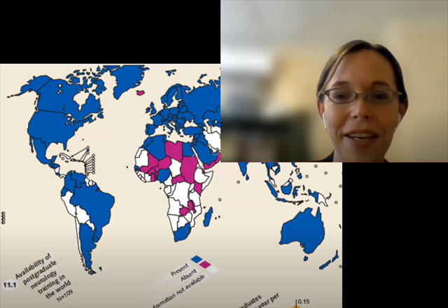 Dr. Saylor presentation via Zoom with a slide of a global map