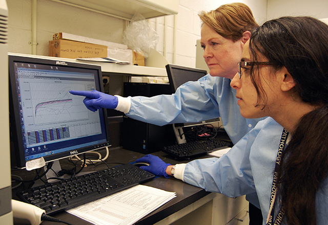 Drs. Karen Carroll and Heba Mostafa work in the lab.