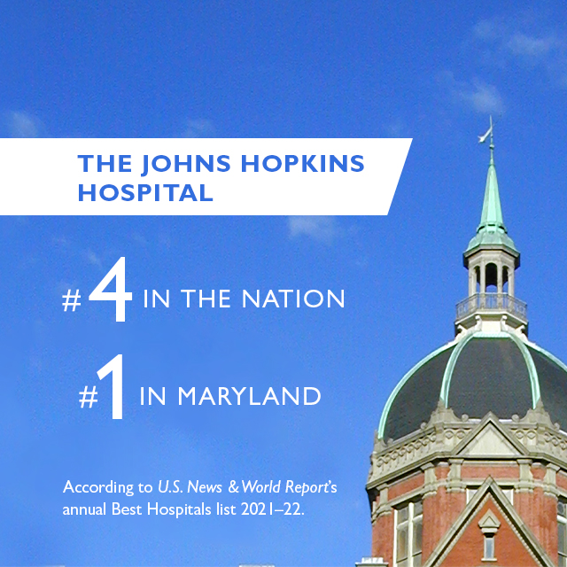 Graphic image states that The John Hopkins Hospital was ranked #4 in the nation and #1 in Maryland in the 2021-22 U.S. News & World Report Best Hospitals survey.