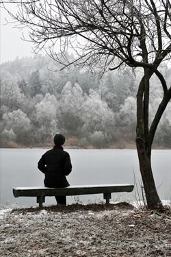 person on bench on a snowy day