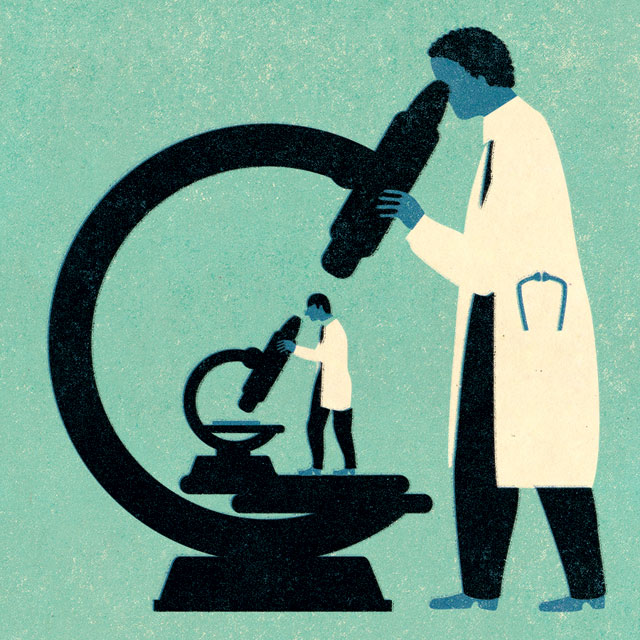 illustration of doctor look through a microscope at another smaller doctor looking into a microscope