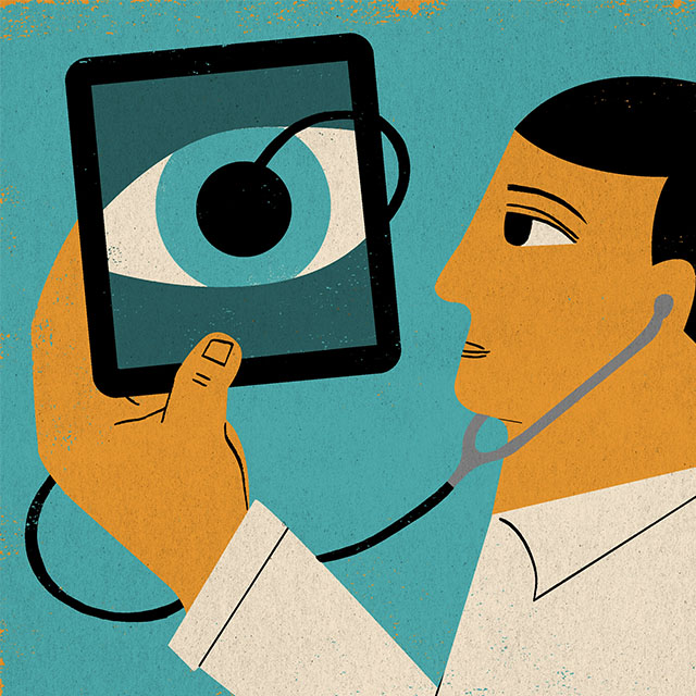 An illustration of a doctor with a tablet device practicing telehealth