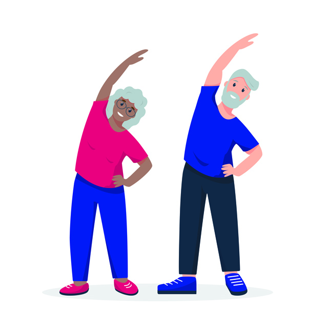 An illustration of an elderly couple stretching