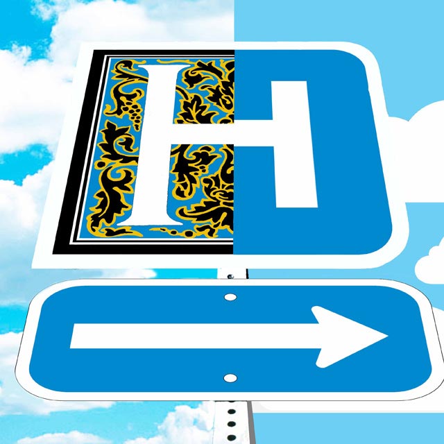 fancy illustrated h on a direction sign