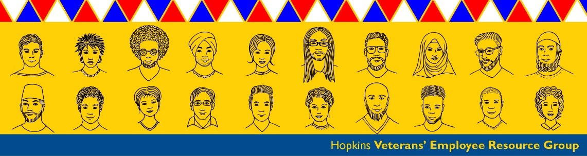 Illustrations of various diverse faces, representing the Hopkins Veterans' Employee Resource Group.