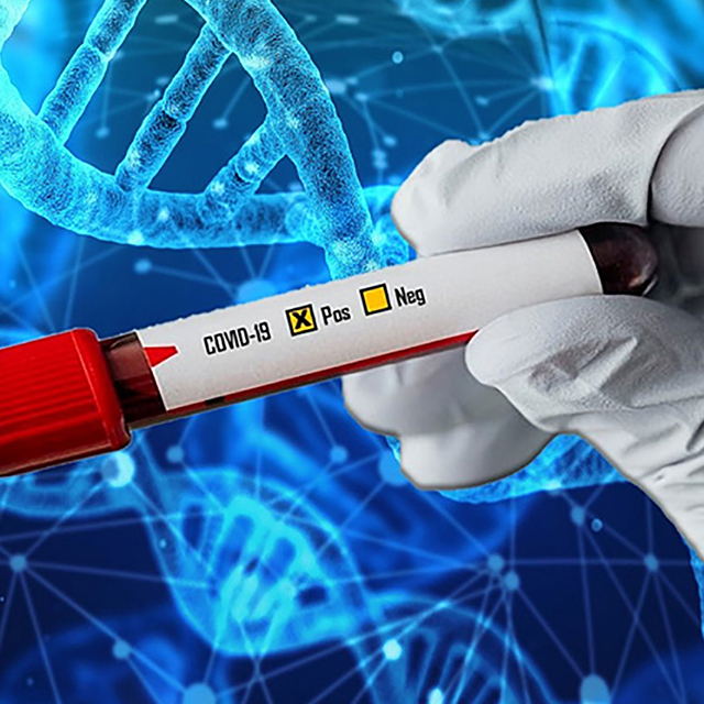 A photo of a vial of blood against a background of DNA represents immunology. 