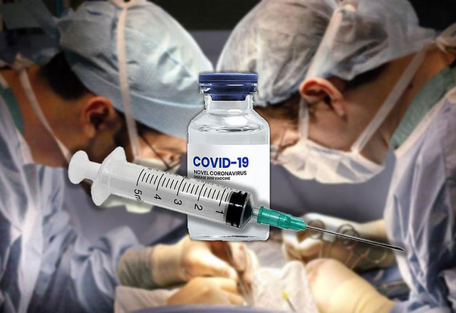 two doctors performing surgery with an overlay graphic of a vaccine bottle and syringe