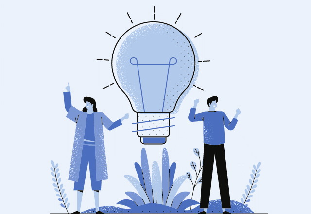 lightbulb idea graphic with two people standing next to the bulb.