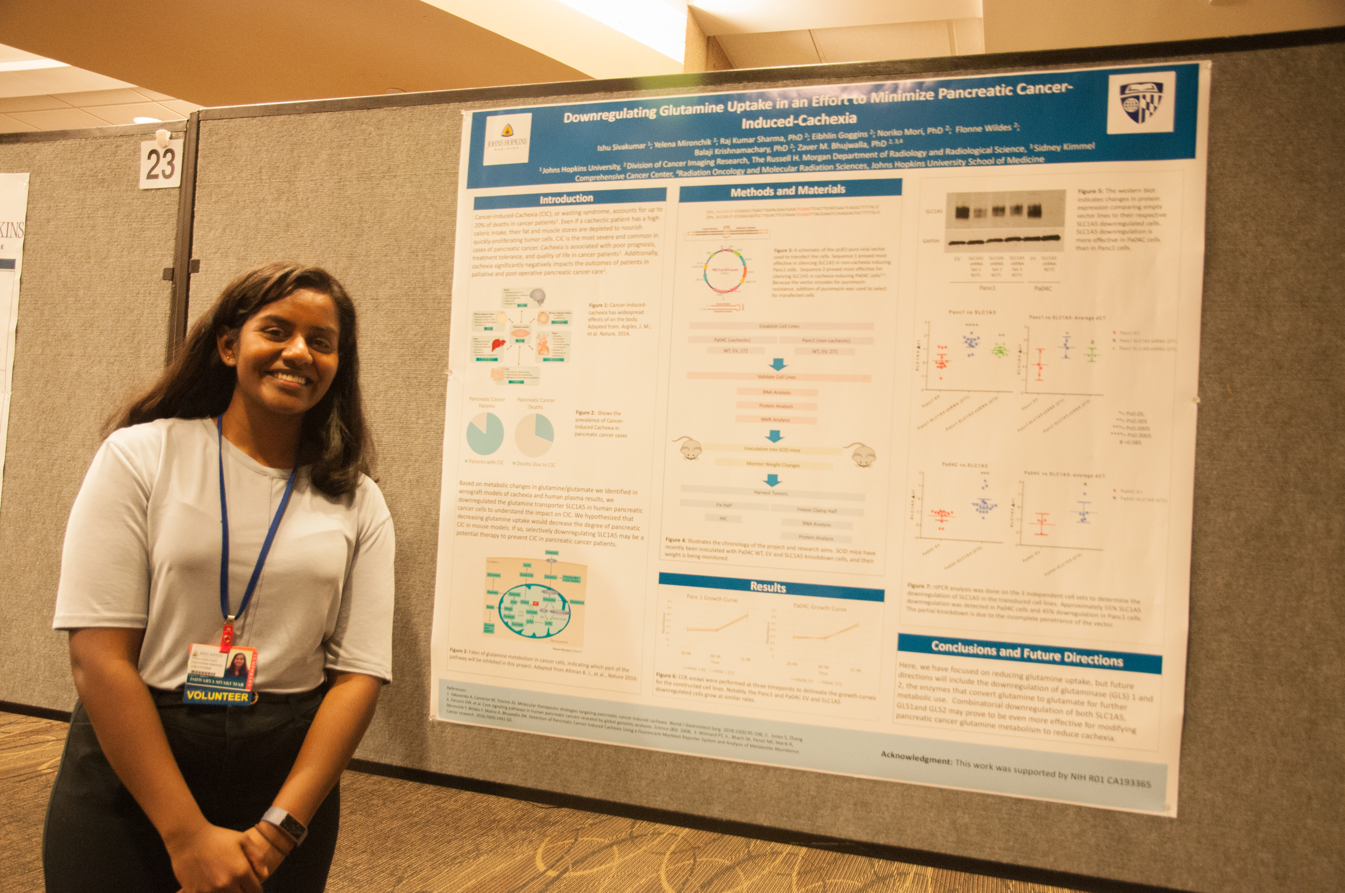 woman standing in front of poster at research day