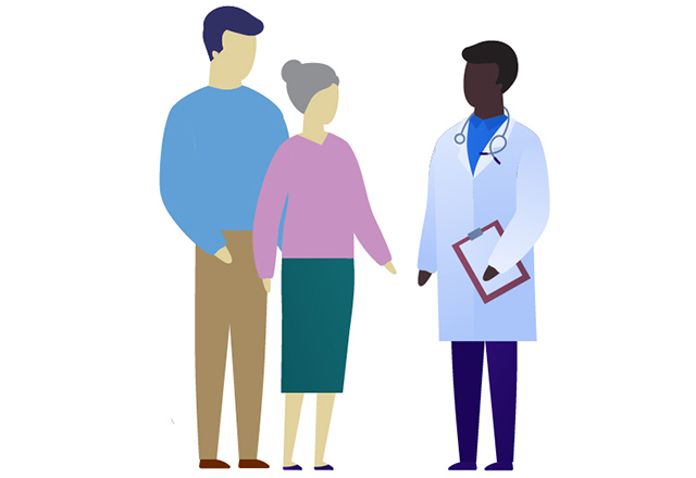 An illustration of two adults speaking with a doctor.