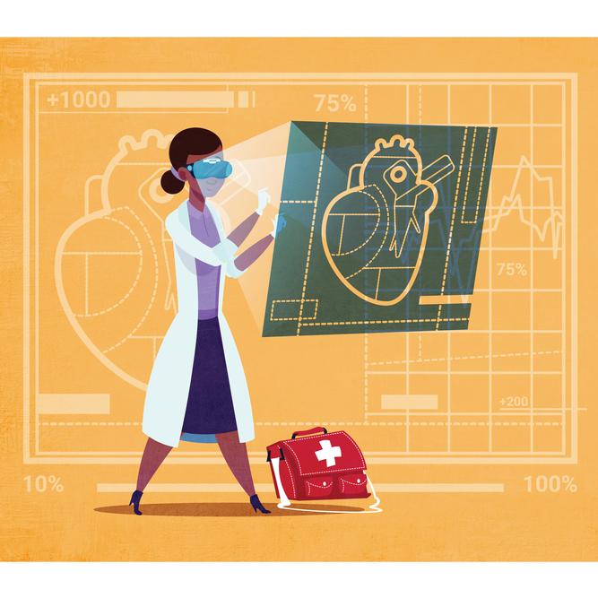 An illustration shows a clinician looking at a diagram of a heart.