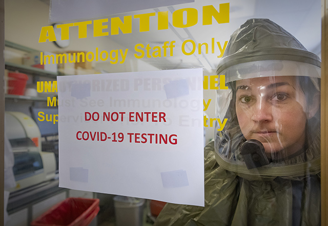 Bethany Peters wearing hazmat suit on COVID19 testing facility