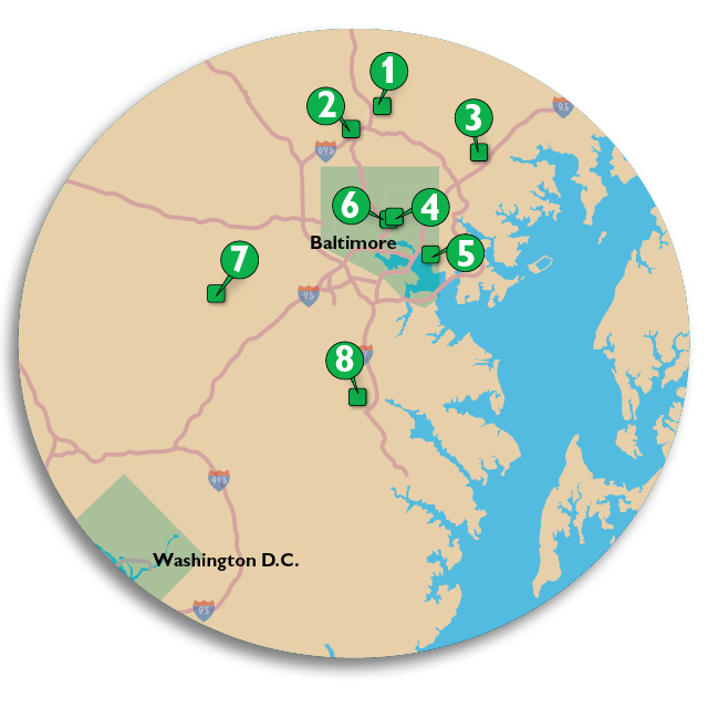 A map shows the locations of Johns Hopkins rehabilitation clinics.