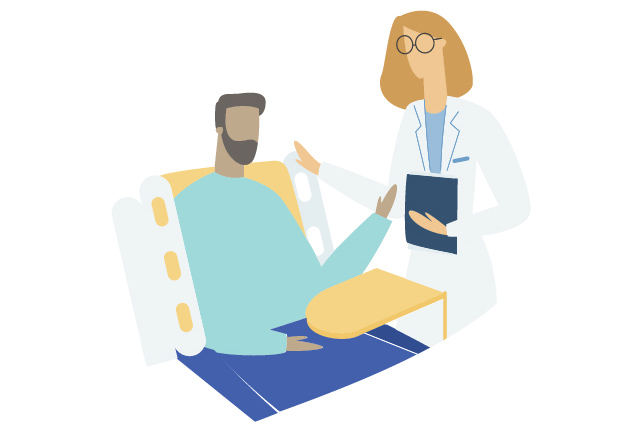An illustration of a doctor speaking with a patient at their bedside.